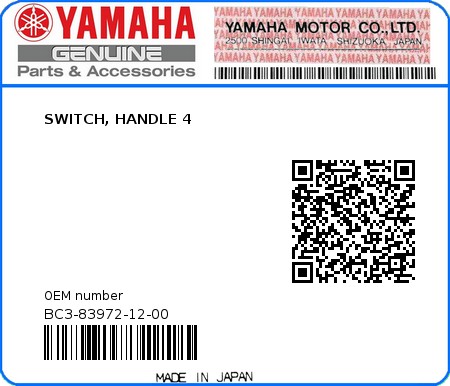 Product image: Yamaha - BC3-83972-12-00 - SWITCH, HANDLE 4  0