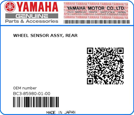 Product image: Yamaha - BC3-85980-01-00 - WHEEL SENSOR ASSY, REAR  0