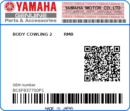 Product image: Yamaha - BC6F837700P1 - BODY COWLING 2        RMB  0