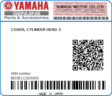 Product image: Yamaha - BD3E112E0000 - COVER, CYLINDER HEAD 3  0