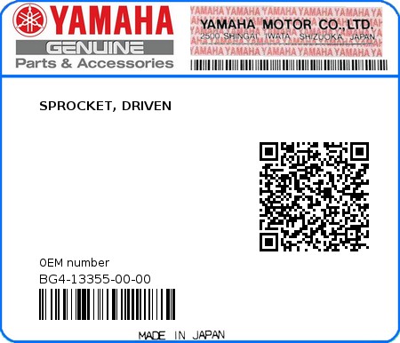 Product image: Yamaha - BG4-13355-00-00 - SPROCKET, DRIVEN  0