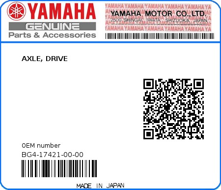 Product image: Yamaha - BG4-17421-00-00 - AXLE, DRIVE  0