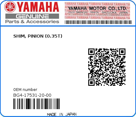 Product image: Yamaha - BG4-17531-20-00 - SHIM, PINION (0.35T)  0