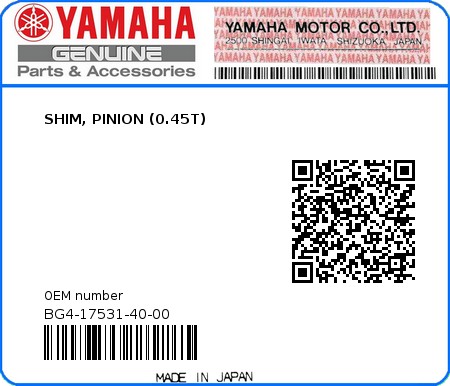 Product image: Yamaha - BG4-17531-40-00 - SHIM, PINION (0.45T)  0