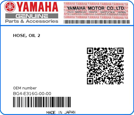 Product image: Yamaha - BG4-E316G-00-00 - HOSE, OIL 2  0