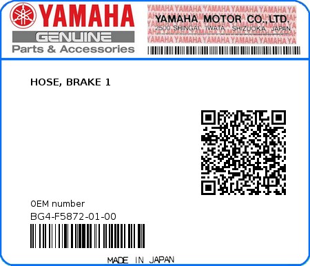 Product image: Yamaha - BG4-F5872-01-00 - HOSE, BRAKE 1  0