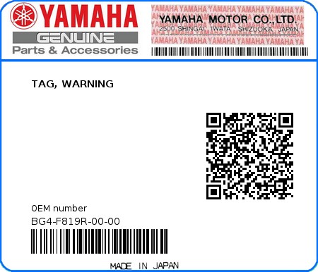 Product image: Yamaha - BG4-F819R-00-00 - TAG, WARNING  0
