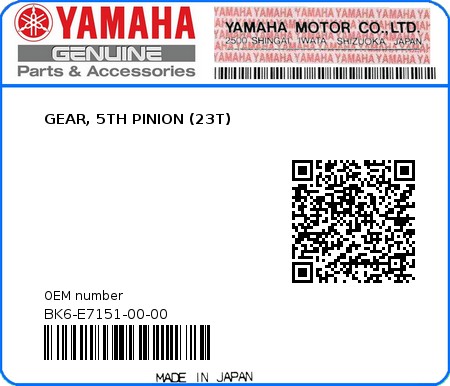Product image: Yamaha - BK6-E7151-00-00 - GEAR, 5TH PINION (23T)  0