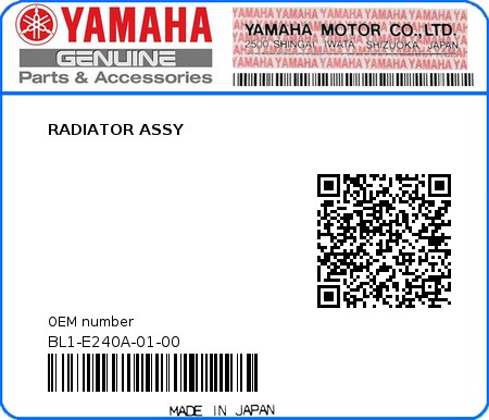 Product image: Yamaha - BL1-E240A-01-00 - RADIATOR ASSY  0