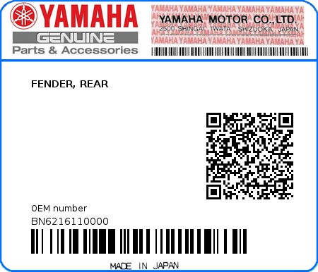 Product image: Yamaha - BN6216110000 - FENDER, REAR  0
