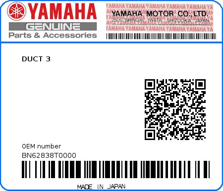 Product image: Yamaha - BN62838T0000 - DUCT 3  0