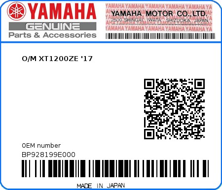 Product image: Yamaha - BP928199E000 - O/M XT1200ZE '17  0