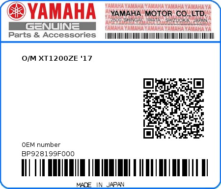 Product image: Yamaha - BP928199F000 - O/M XT1200ZE '17  0
