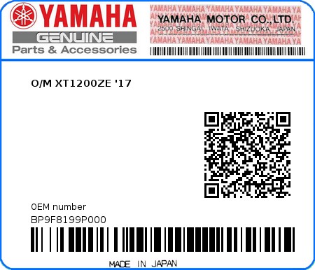 Product image: Yamaha - BP9F8199P000 - O/M XT1200ZE '17  0