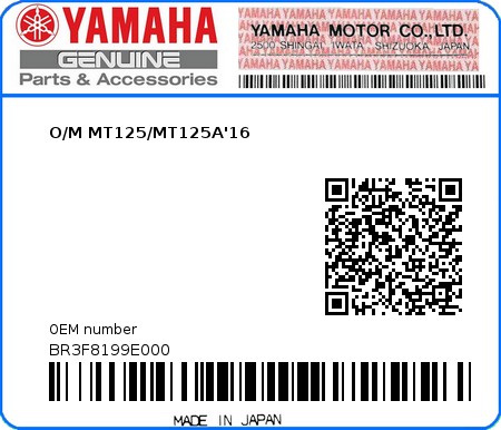 Product image: Yamaha - BR3F8199E000 - O/M MT125/MT125A'16  0