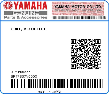 Product image: Yamaha - BR7F837V0000 - GRILL, AIR OUTLET  0