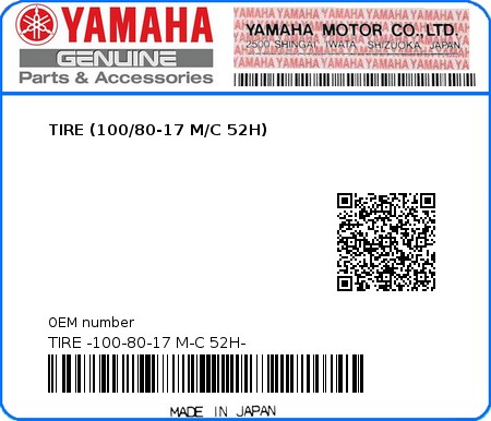 Product image: Yamaha - TIRE -100-80-17 M-C 52H- - TIRE (100/80-17 M/C 52H)  0