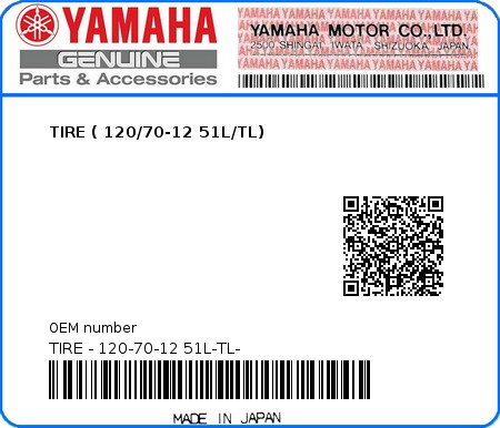 Product image: Yamaha - TIRE - 120-70-12 51L-TL- - TIRE ( 120/70-12 51L/TL)  0