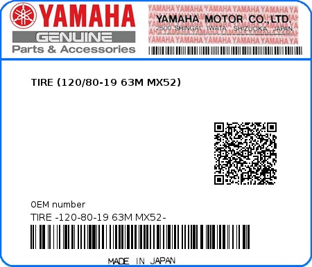 Product image: Yamaha - TIRE -120-80-19 63M MX52- - TIRE (120/80-19 63M MX52)  0