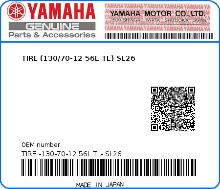 Product image: Yamaha - TIRE -130-70-12 56L TL- SL26 - TIRE (130/70-12 56L TL) SL26  0
