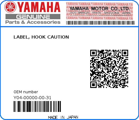 Product image: Yamaha - Y04-00000-00-31 - LABEL, HOOK CAUTION  0