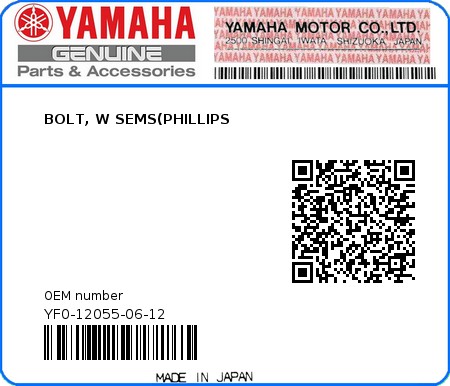 Product image: Yamaha - YF0-12055-06-12 - BOLT, W SEMS(PHILLIPS  0