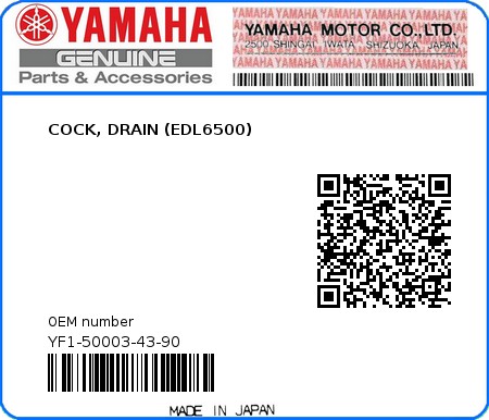Product image: Yamaha - YF1-50003-43-90 - COCK, DRAIN (EDL6500)  0