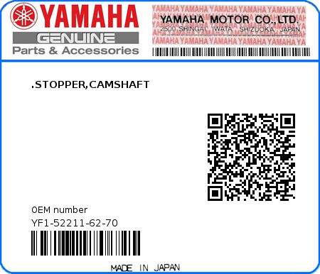 Product image: Yamaha - YF1-52211-62-70 - .STOPPER,CAMSHAFT  0