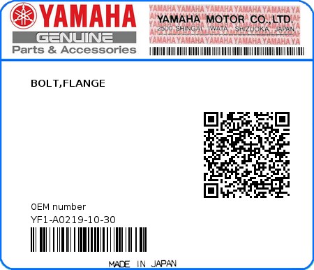 Product image: Yamaha - YF1-A0219-10-30 - BOLT,FLANGE  0