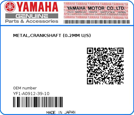 Product image: Yamaha - YF1-A0912-39-10 - METAL,CRANKSHAFT (0.2MM U/S)  0