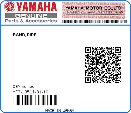 Product image: Yamaha - YF3-13511-81-10 - BAND,PIPE  0