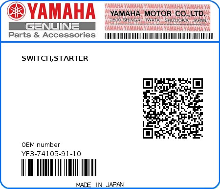 Product image: Yamaha - YF3-74105-91-10 - SWITCH,STARTER  0