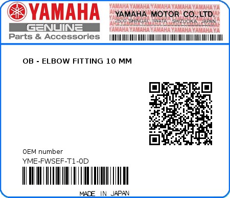 Product image: Yamaha - YME-FWSEF-T1-0D - OB - ELBOW FITTING 10 MM  0