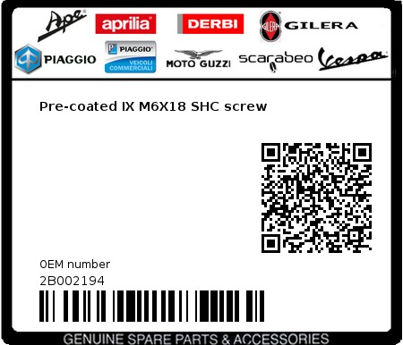 Product image: Moto Guzzi - 2B002194 - Pre-coated IX M6X18 SHC screw  0