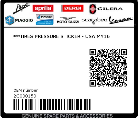 Product image: Moto Guzzi - 2G000150 - ***TIRES PRESSURE STICKER - USA MY16  0