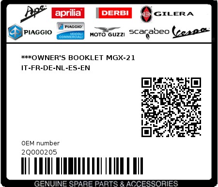 Product image: Moto Guzzi - 2Q000205 - ***OWNER'S BOOKLET MGX-21 IT-FR-DE-NL-ES-EN  0