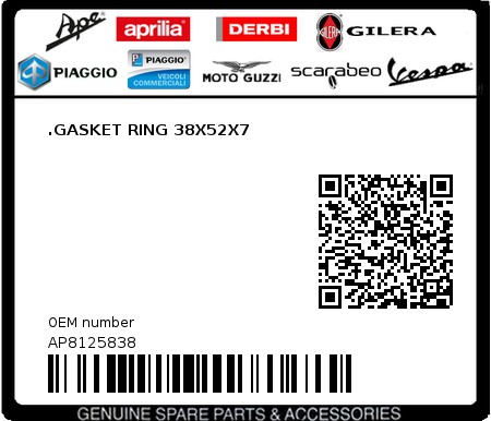 Product image: Moto Guzzi - AP8125838 - .GASKET RING 38X52X7  0