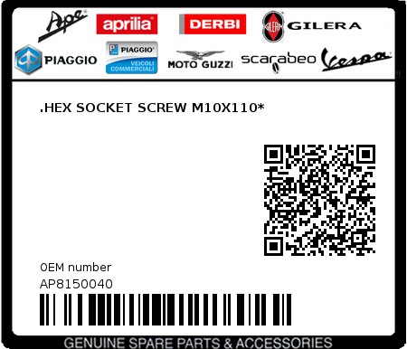 Product image: Moto Guzzi - AP8150040 - .HEX SOCKET SCREW M10X110*  0