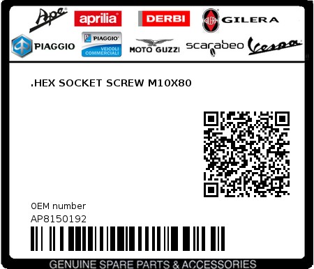 Product image: Moto Guzzi - AP8150192 - .HEX SOCKET SCREW M10X80  0