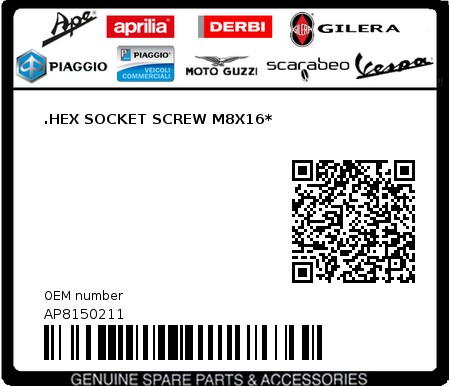 Product image: Moto Guzzi - AP8150211 - .HEX SOCKET SCREW M8X16*  0