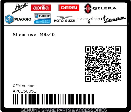 Product image: Moto Guzzi - AP8150351 - Shear rivet M8x40  0