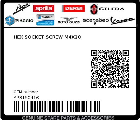 Product image: Moto Guzzi - AP8150416 - HEX SOCKET SCREW M4X20  0