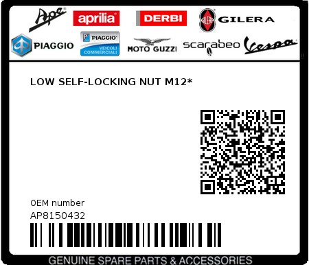 Product image: Moto Guzzi - AP8150432 - LOW SELF-LOCKING NUT M12*  0