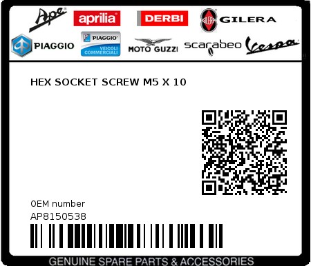 Product image: Moto Guzzi - AP8150538 - HEX SOCKET SCREW M5 X 10  0
