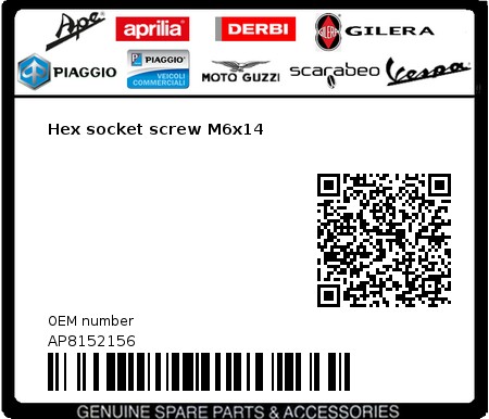 Product image: Moto Guzzi - AP8152156 - Hex socket screw M6x14  0