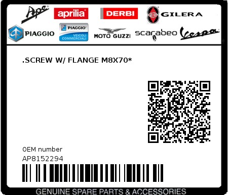 Product image: Moto Guzzi - AP8152294 - .SCREW W/ FLANGE M8X70*  0
