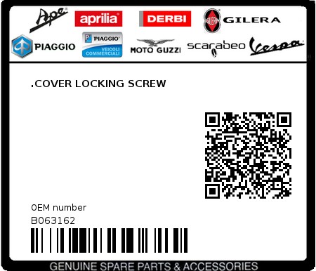 Product image: Moto Guzzi - B063162 - .COVER LOCKING SCREW  0