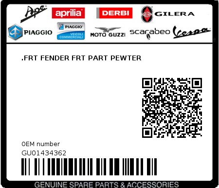 Product image: Moto Guzzi - GU01434362 - .FRT FENDER FRT PART PEWTER  0