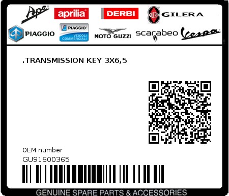 Product image: Moto Guzzi - GU91600365 - .TRANSMISSION KEY 3X6,5  0