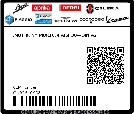 Product image: Moto Guzzi - GU92640408 - .NUT IX NY M8X10,4 AISI 304-DIN A2  0